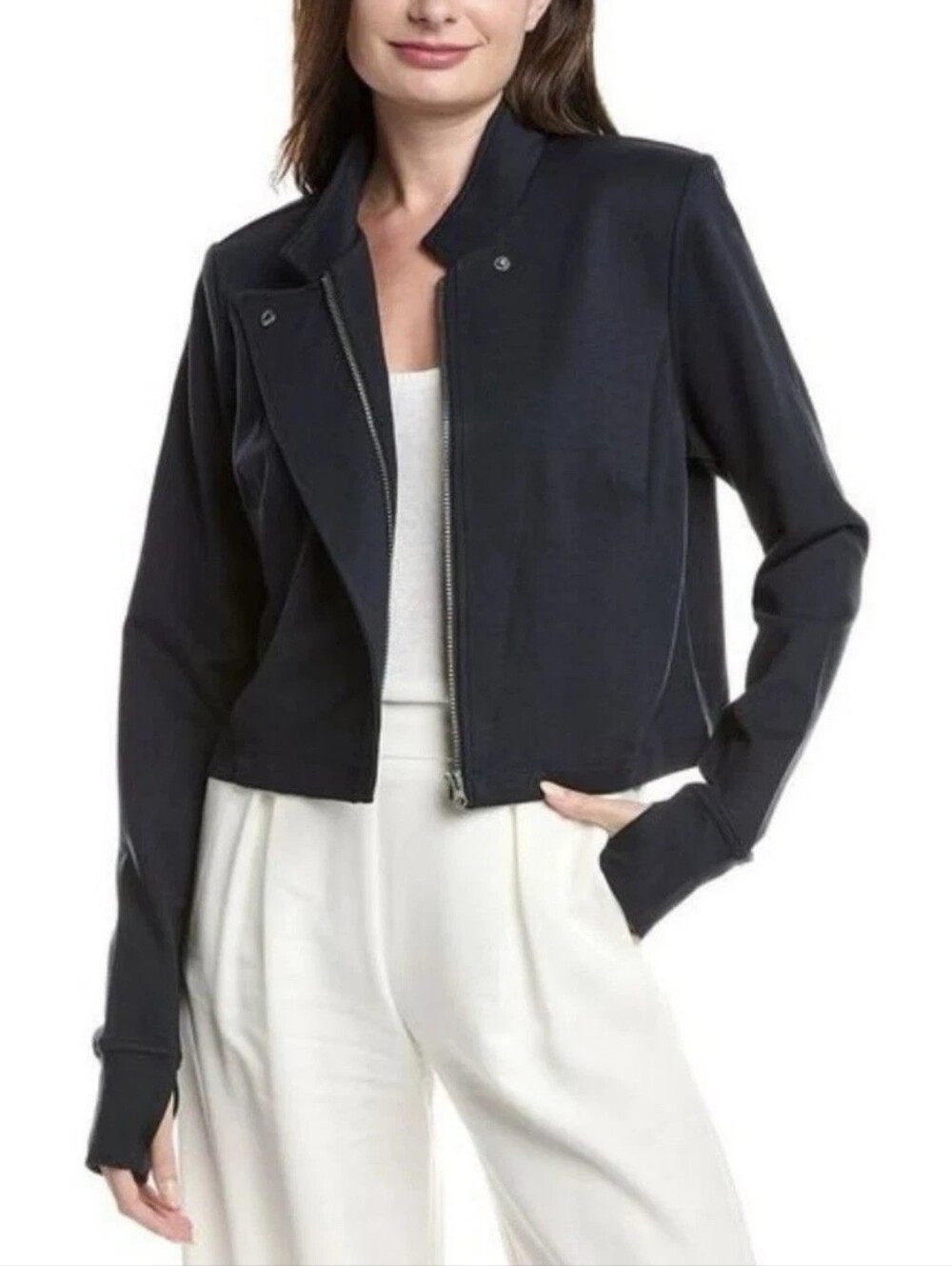 Cabi #6259 Admiral Jacket classic navy cropped moto high collar women's medium